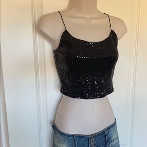 NWT Black Shiny Low Cut Busty Crop Metallic Hologram Festival Tank Top